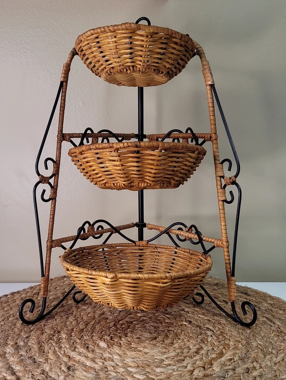 Princess House Casual Home 3-Tier Rattan & Metal Basket Stand